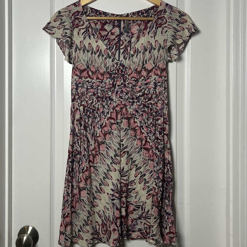 Free People 100% Rayon Cream Pink Burgundy French Quarter Floral Mini Dress